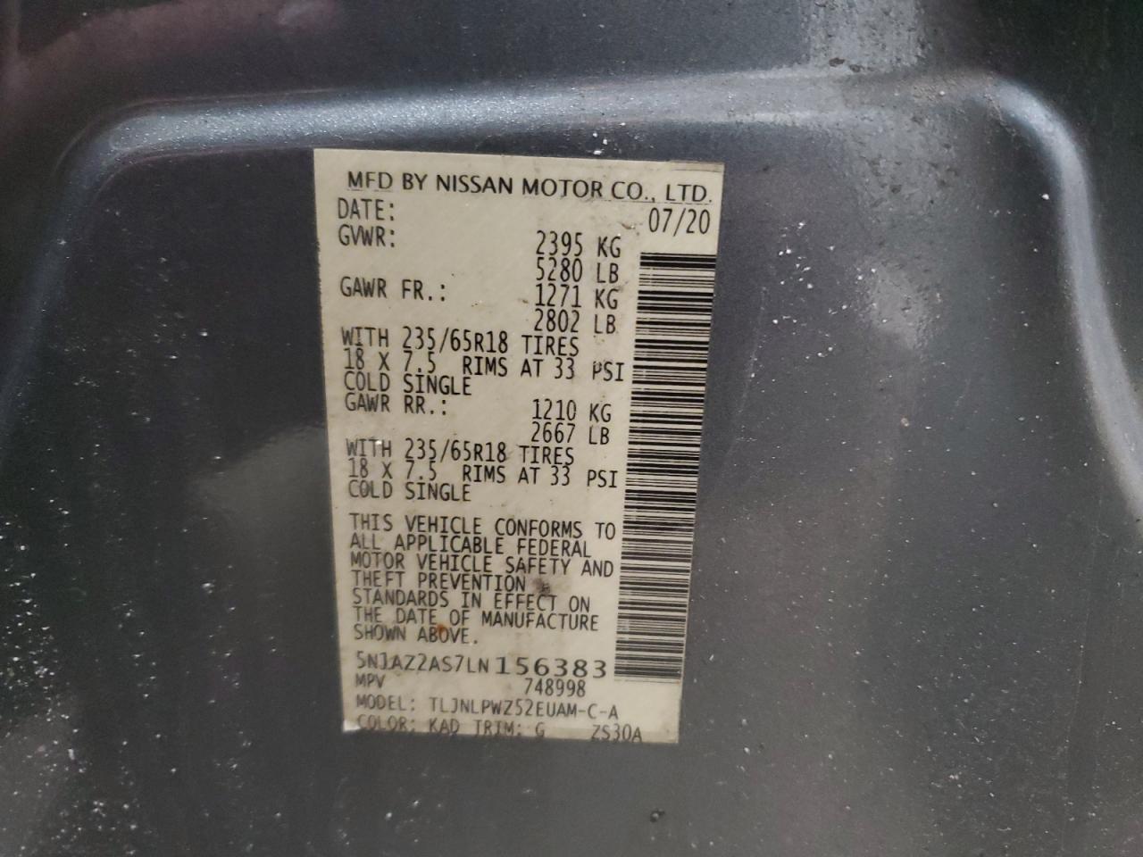 2020 Nissan Murano VIN 5N1AZ2AS7LN156383 Copart auction photo, front end damage thumbnail 13