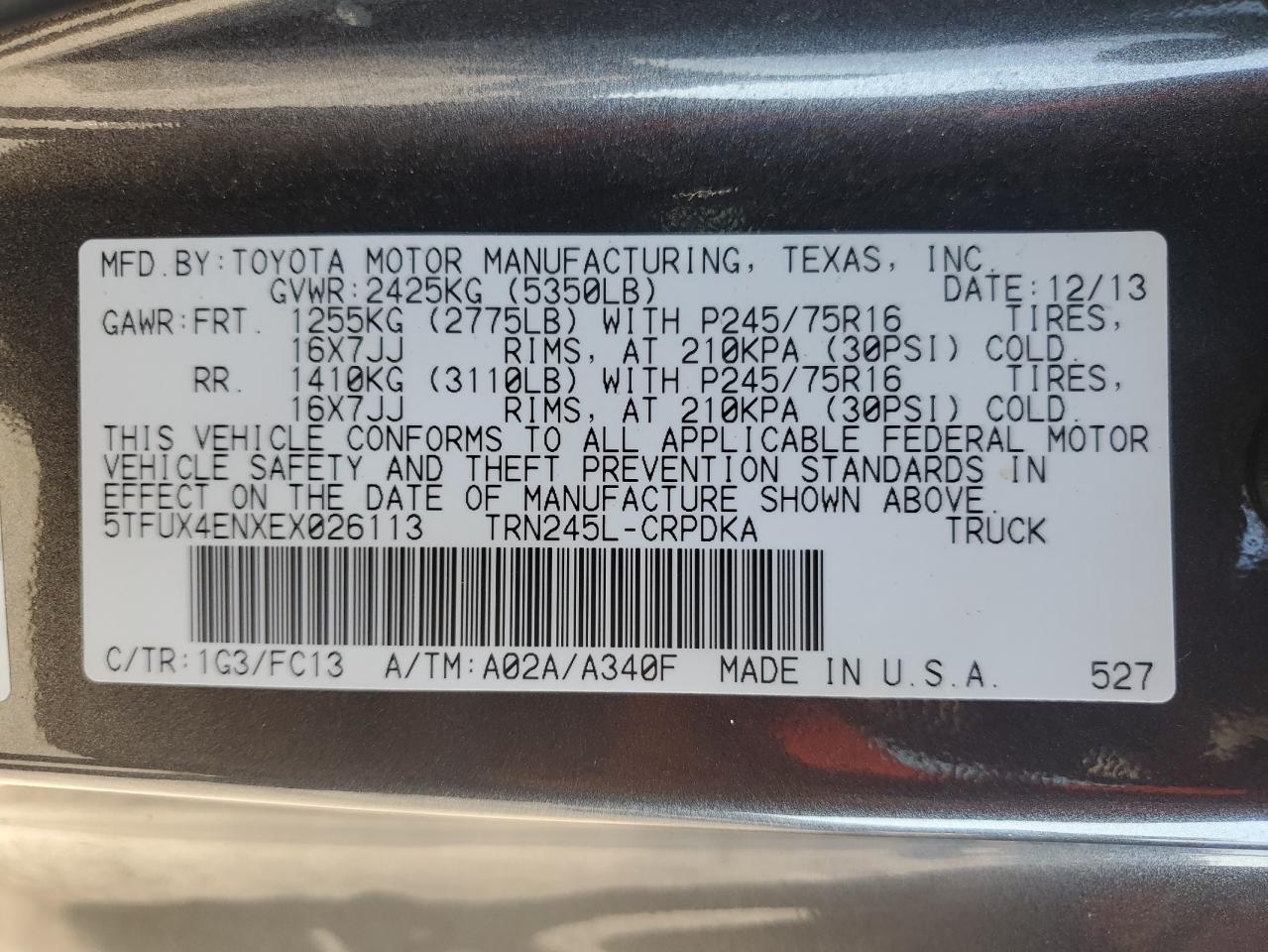 2014 Toyota Tacoma VIN 5TFUX4ENXEX026113 Copart auction photo, rear end damage thumbnail 13