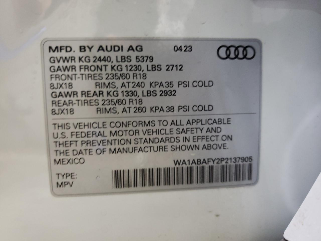 2023 Audi Q5 VIN WA1ABAFY2P2137905 Copart auction photo, front end damage thumbnail 12
