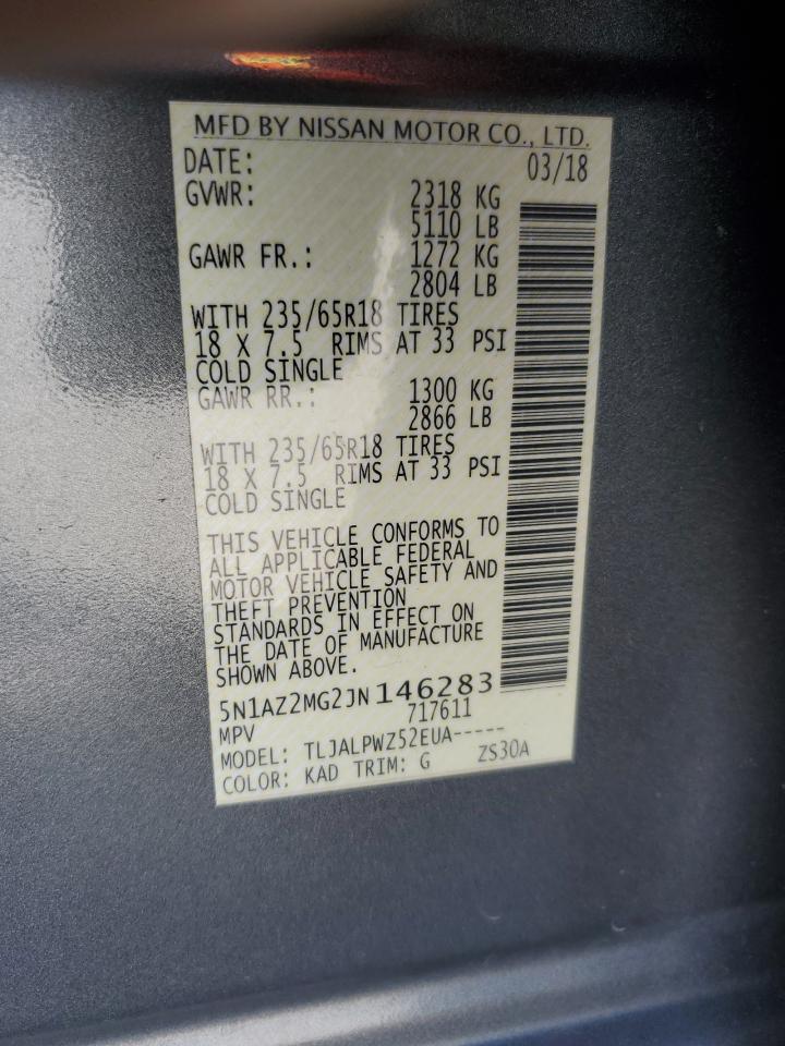 2018 Nissan Murano VIN 5N1AZ2MG2JN146283 Copart auction photo, side damage thumbnail 13