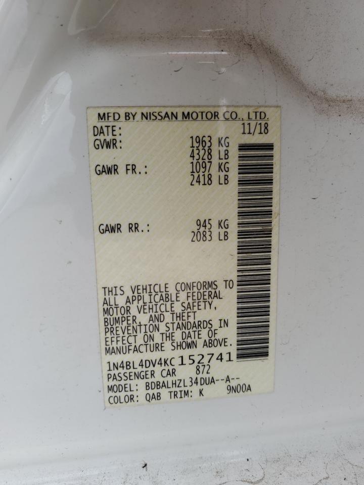 2019 Nissan Altima VIN 1N4BL4DV4KC152741 Copart auction photo, front end damage thumbnail 14