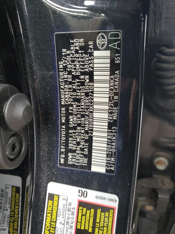 2019 Toyota Corolla VIN 2T1BURHEXKC227108 Copart auction photo, front end / minor dent/scratches damage thumbnail 12
