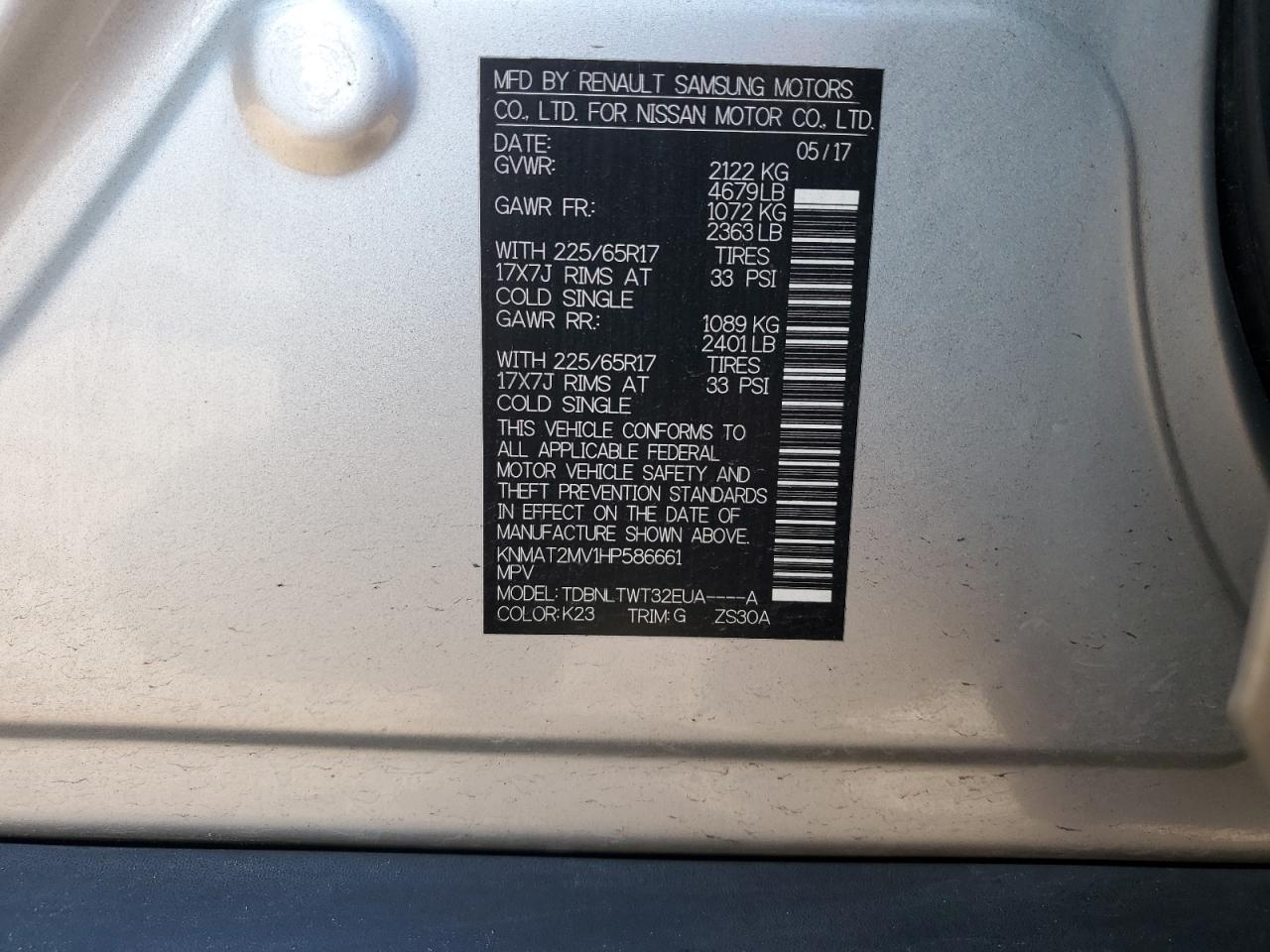 2017 Nissan Rogue VIN KNMAT2MV1HP586661 Copart auction photo, front end / rear end damage thumbnail 14