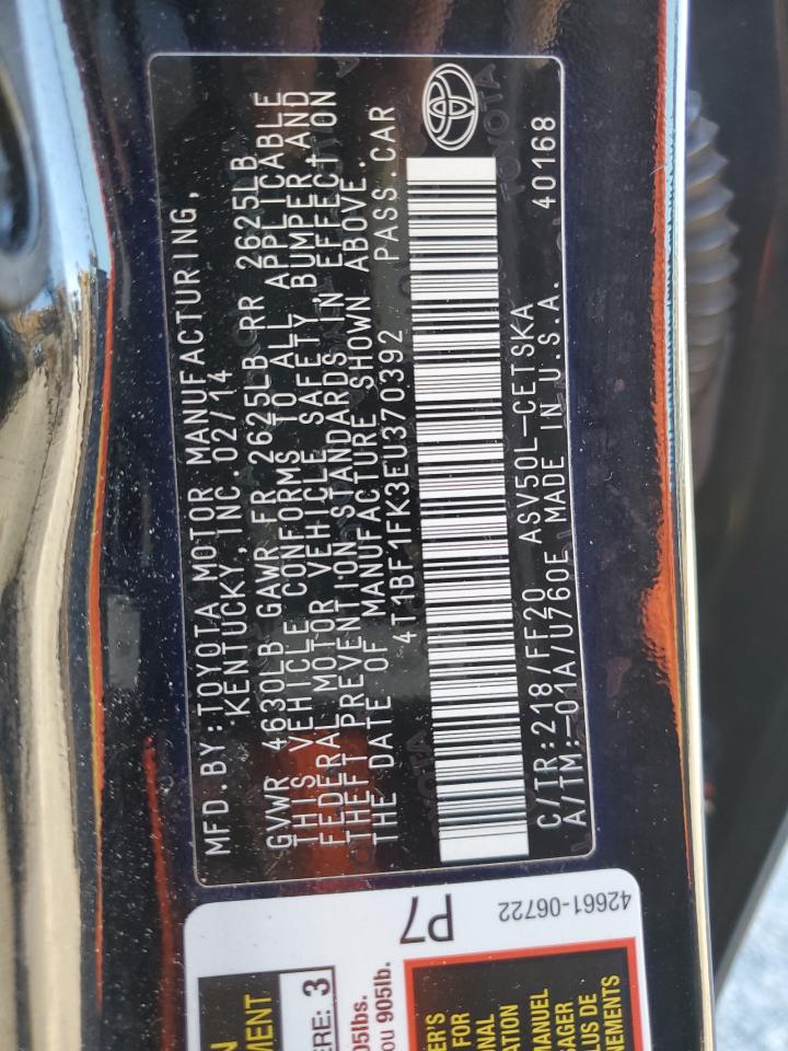 2014 Toyota Camry VIN 4T1BF1FK3EU370392 Copart auction photo, front end / minor dent/scratches damage thumbnail 15