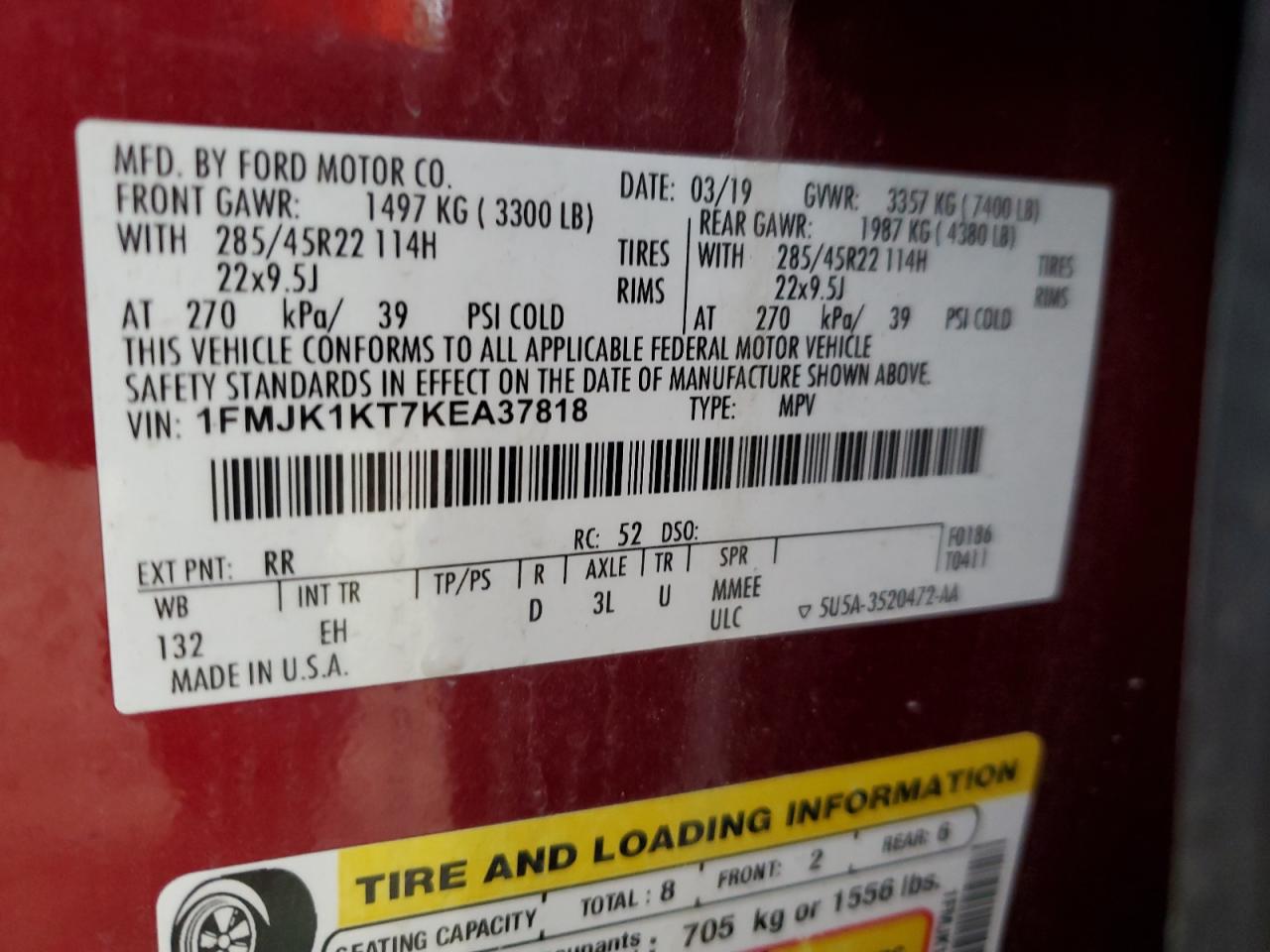 2019 Ford Expedition VIN 1FMJK1KT7KEA37818 Copart auction photo, front end / minor dent/scratches damage thumbnail 13