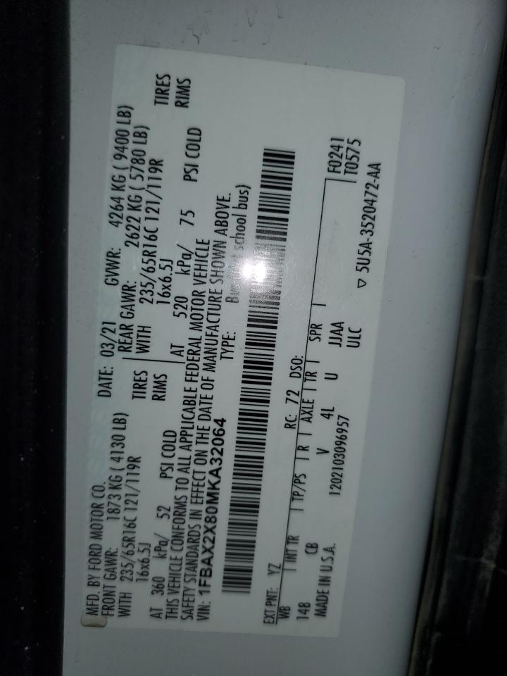 2021 Ford Transit VIN 1FBAX2X80MKA32064 Copart auction photo, rear end damage thumbnail 14