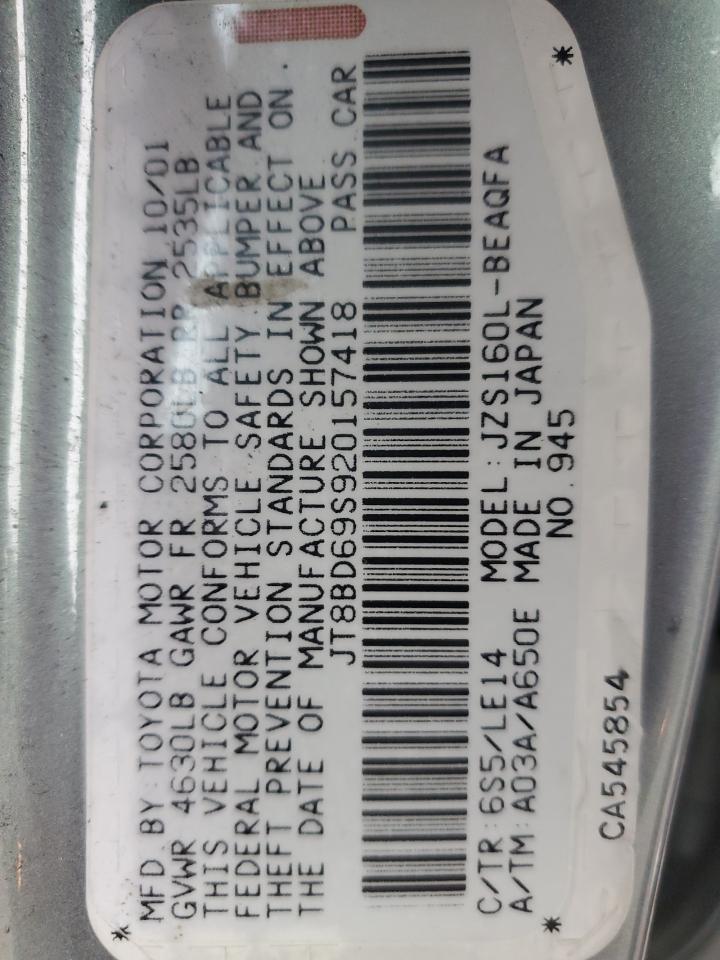 2002 Lexus GS 300 VIN JT8BD69S920157418 Copart auction photo, all over damage thumbnail 12