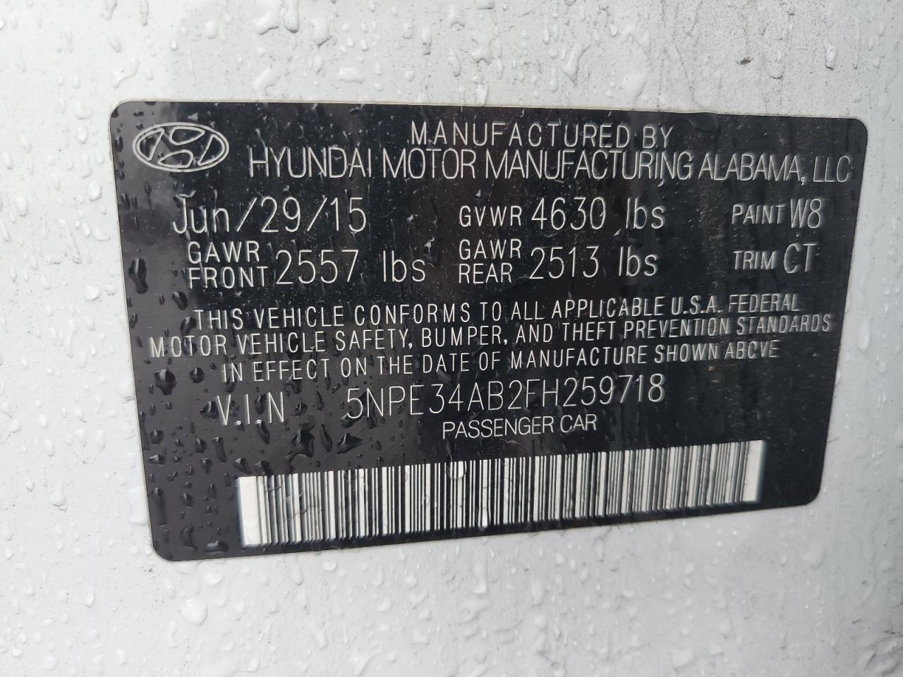 2015 Hyundai Sonata VIN 5NPE34AB2FH259718 Copart auction photo, front end / minor dent/scratches damage thumbnail 12