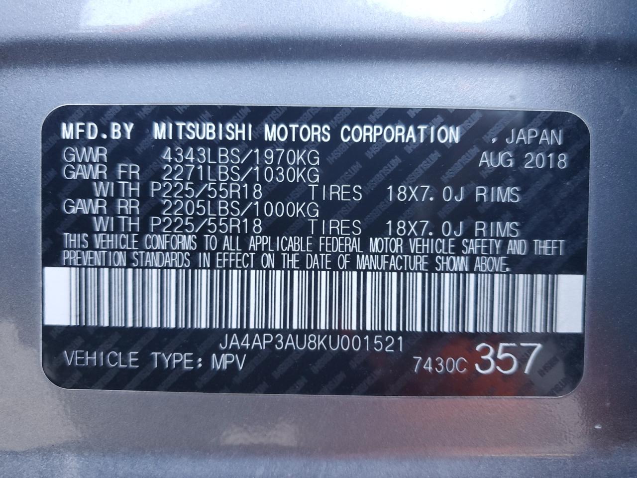 2019 Mitsubishi Outlander VIN JA4AP3AU8KU001521 Copart auction photo, front end / minor dent/scratches damage thumbnail 13