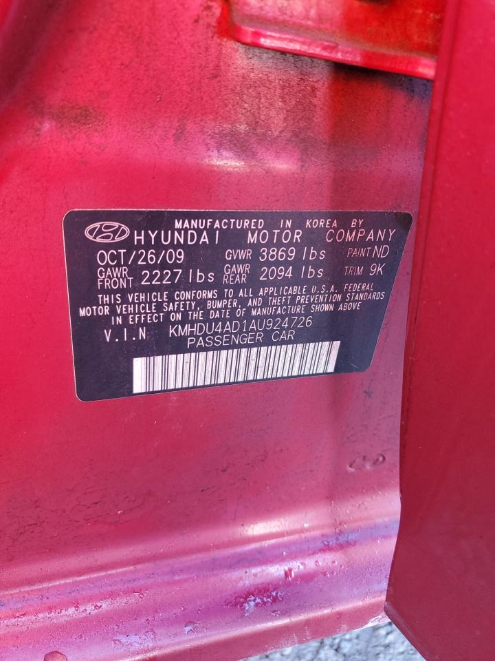 2010 Hyundai Elantra VIN KMHDU4AD1AU924726 Copart auction photo, front end / minor dent/scratches damage thumbnail 14