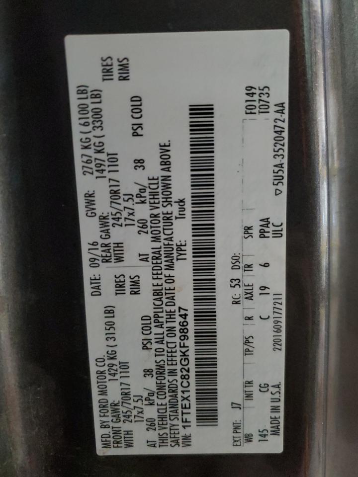 2016 Ford F-150 VIN 1FTEX1C82GKF98647 Copart auction photo, side damage thumbnail 14