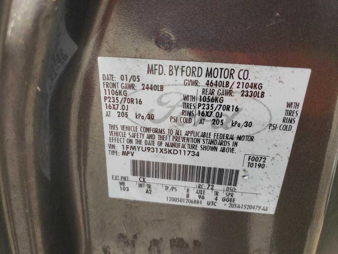 2005 Ford Escape VIN 1FMYU931X5KD11734 Copart auction photo, front end damage thumbnail 15