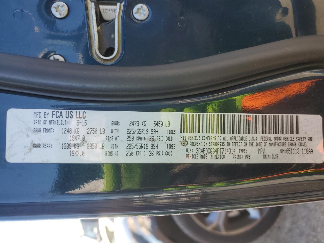 2015 Dodge Journey VIN 3C4PDCGG4FT714314 Copart auction photo, front end / side damage thumbnail 12