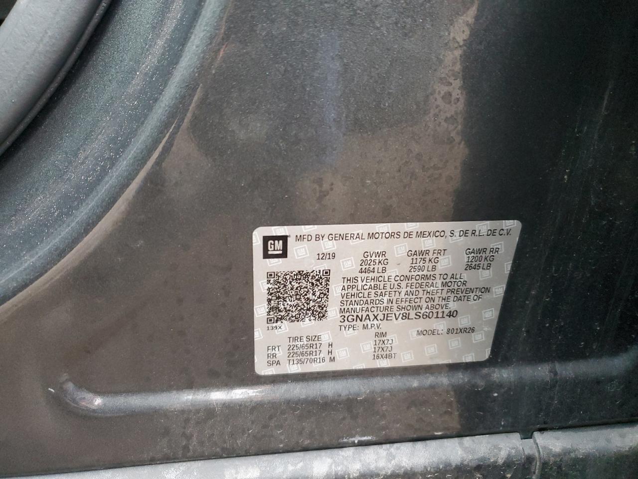 2020 Chevrolet Equinox VIN 3GNAXJEV8LS601140 Copart auction photo, side damage thumbnail 12