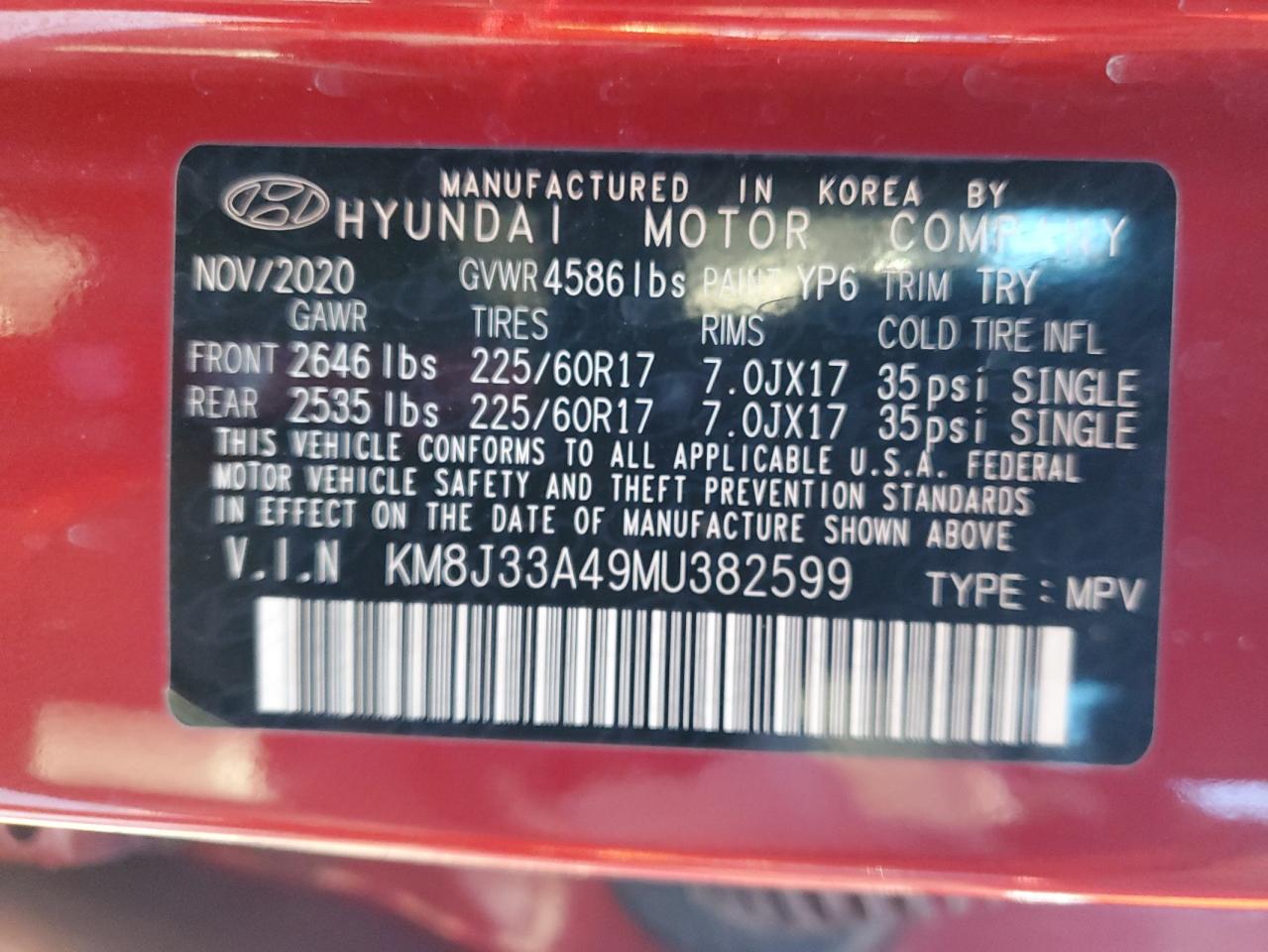 2021 Hyundai Tucson VIN KM8J33A49MU382599 Copart auction photo, rear end damage thumbnail 12