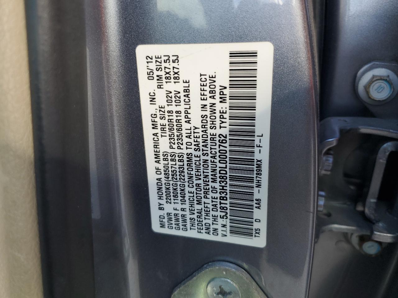 2013 Acura RDX VIN 5J8TB3H38DL000762 Copart auction photo, side damage thumbnail 15