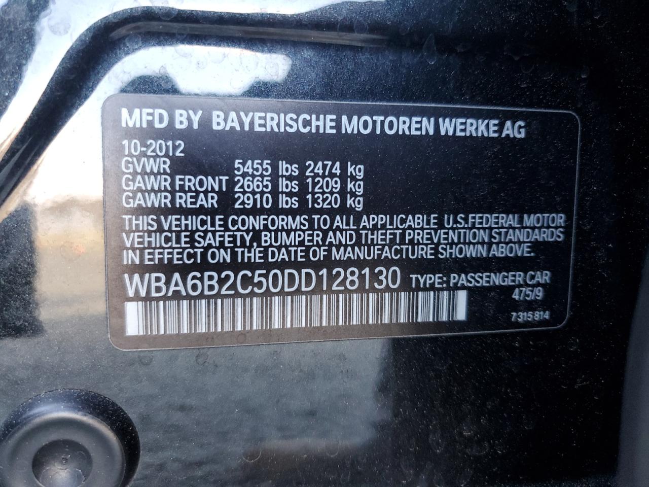 2013 BMW 6er VIN WBA6B2C50DD128130 Copart auction photo, front end / side damage thumbnail 14