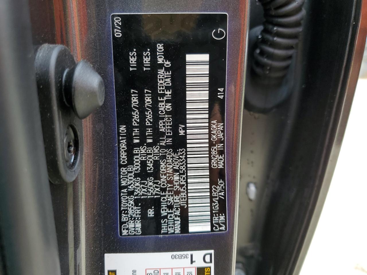 2020 Toyota 4Runner VIN JTEBU5JR5L5833433 Copart auction photo, front end damage thumbnail 14