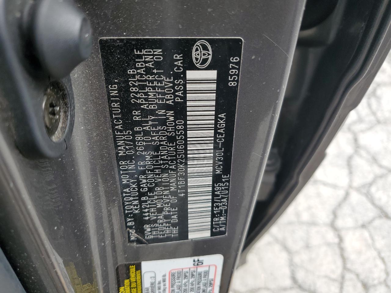 2005 Toyota Camry VIN 4T1BF30K25U605580 Copart auction photo, front end / all over damage thumbnail 14