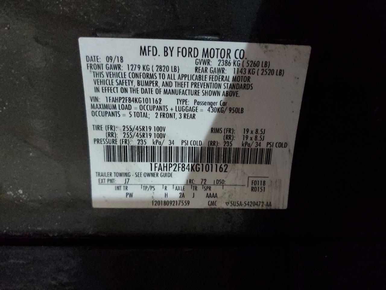 2019 Ford Taurus VIN 1FAHP2F84KG101162 Copart auction photo, rear end / front end damage thumbnail 13