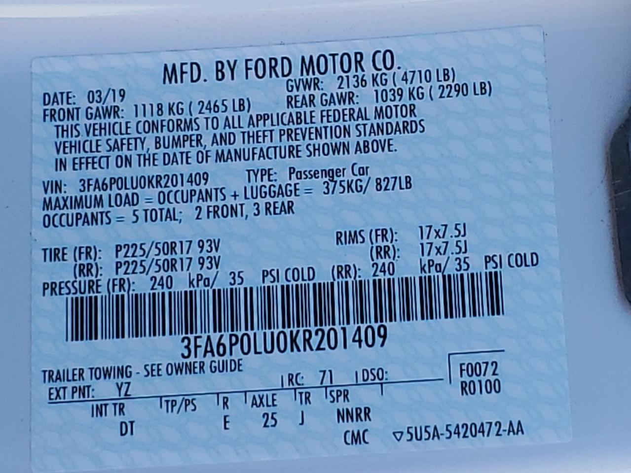 2019 Ford Fusion VIN 3FA6P0LU0KR201409 Copart auction photo, front end / side damage thumbnail 12