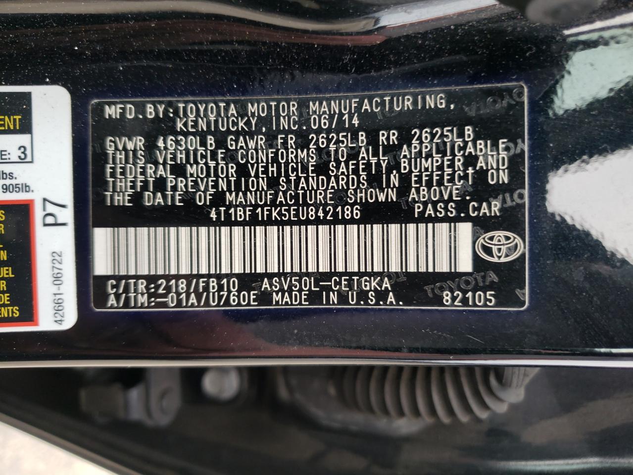 2014 Toyota Camry VIN 4T1BF1FK5EU842186 Copart auction photo, rear end damage thumbnail 12