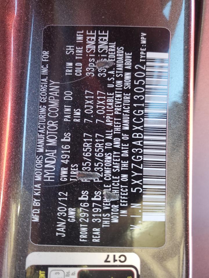2012 Hyundai Santa Fe VIN 5XYZG3ABXCG130502 Copart auction photo, front end damage thumbnail 15