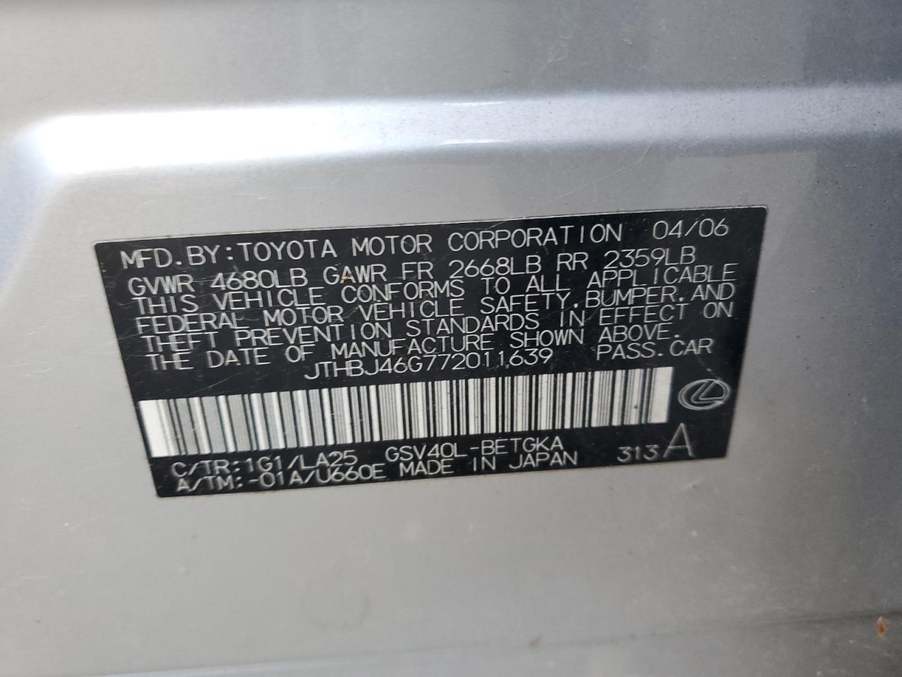 2007 Lexus ES VIN JTHBJ46G772011639 Copart auction photo, mechanical damage thumbnail 12
