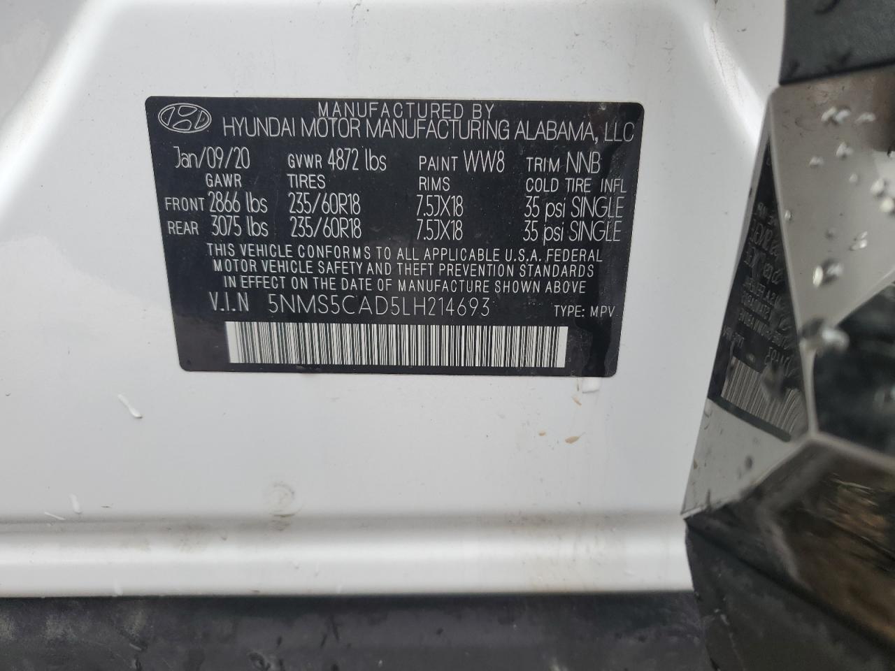 2020 Hyundai Santa Fe VIN 5NMS5CAD5LH214693 Copart auction photo, front end damage thumbnail 12