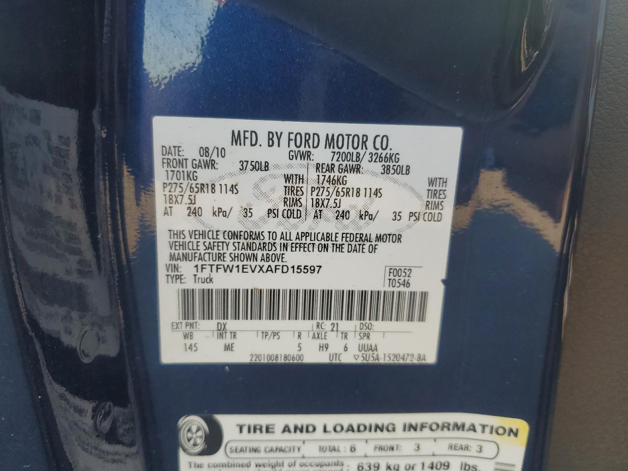 2010 Ford F-150 VIN 1FTFW1EVXAFD15597 Copart auction photo, minor dent/scratches damage thumbnail 12