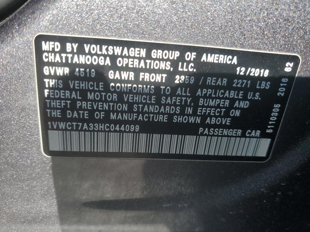 2017 Volkswagen Passat VIN 1VWCT7A33HC044099 Copart auction photo, side damage thumbnail 14