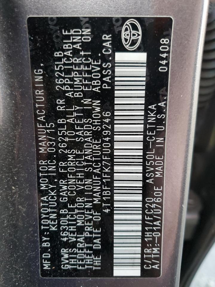 2015 Toyota Camry VIN 4T1BF1FK7FU049246 Copart auction photo, front end / side damage thumbnail 12