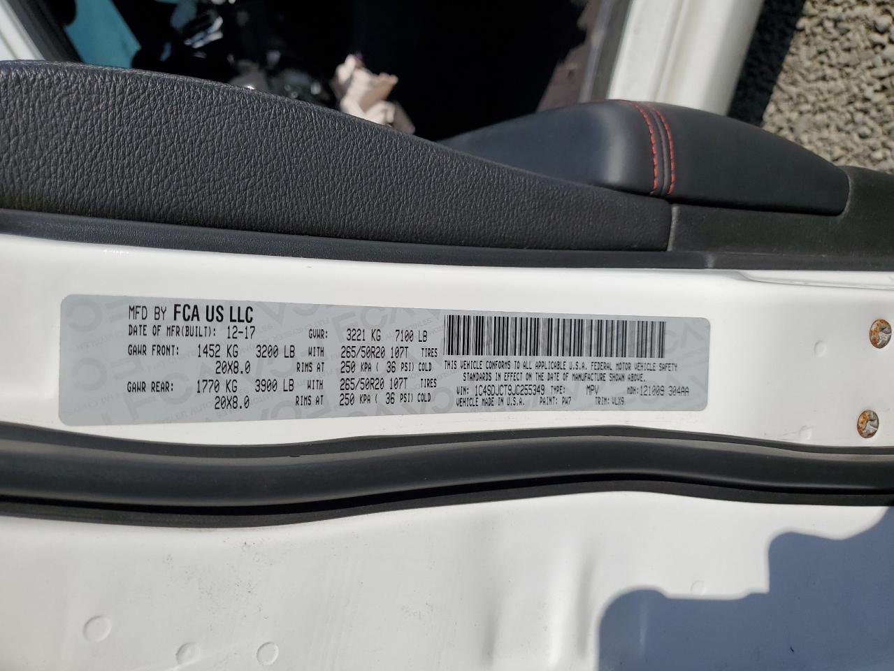 2018 Dodge Durango VIN 1C4SDJCT9JC255349 Copart auction photo, front end damage thumbnail 15