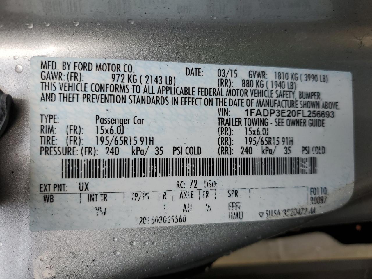 2015 Ford Focus VIN 1FADP3E20FL256693 Copart auction photo, rear end / side damage thumbnail 13