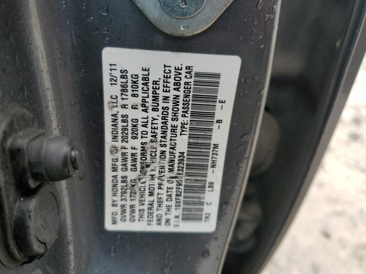 2012 Honda Civic VIN 19XFB2F99CE323934 Copart auction photo, rear end damage thumbnail 13