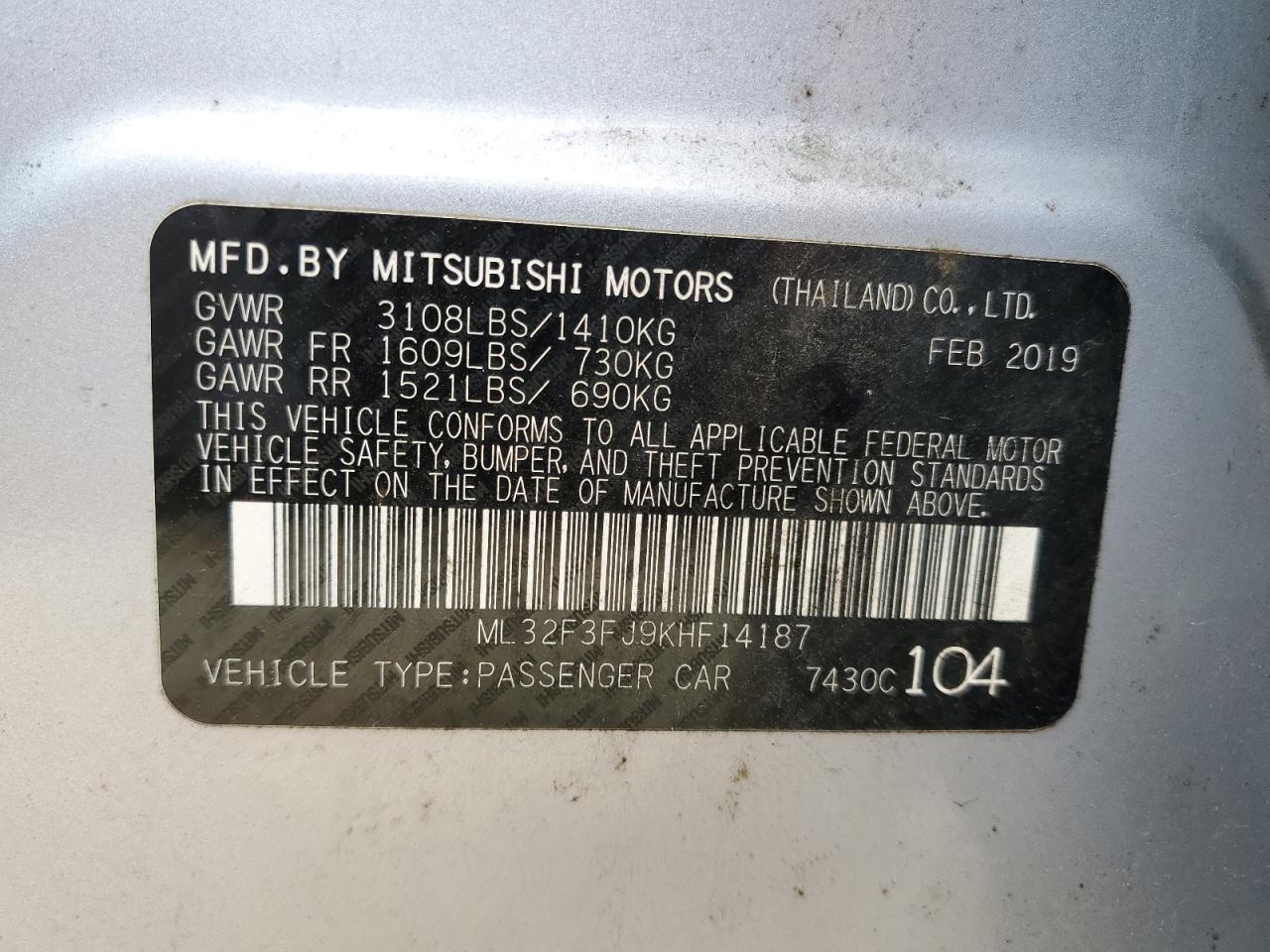 2019 Mitsubishi Mirage VIN ML32F3FJ9KHF14187 Copart auction photo, rear end damage thumbnail 12