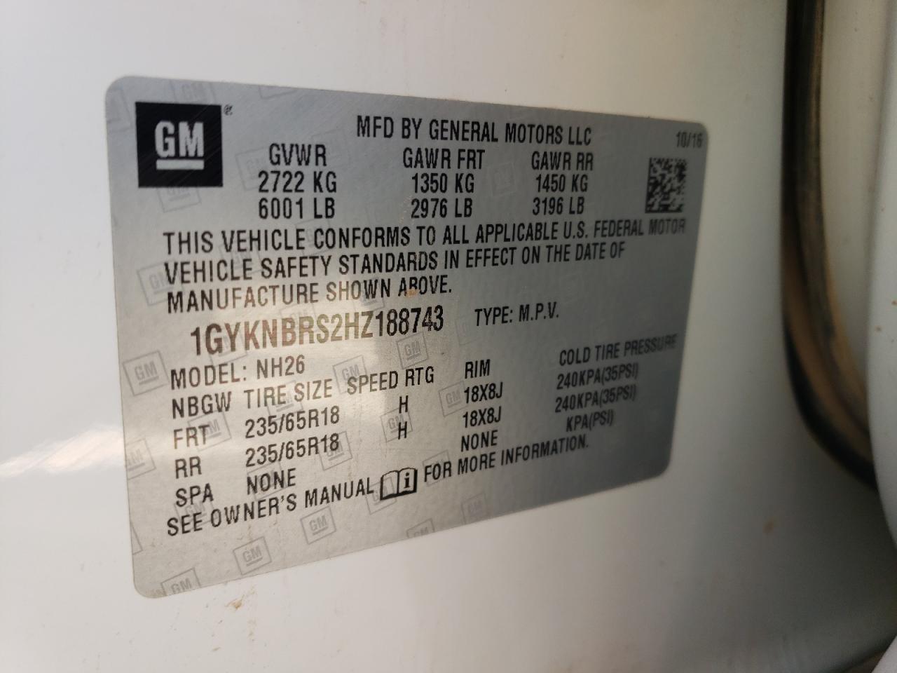 2017 Cadillac XT5 VIN 1GYKNBRS2HZ188743 Copart auction photo, hail damage thumbnail 13