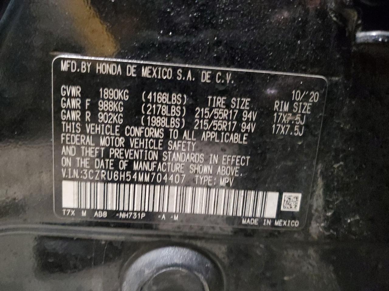 2021 Honda HR-V VIN 3CZRU6H54MM704407 Copart auction photo, front end / side damage thumbnail 16