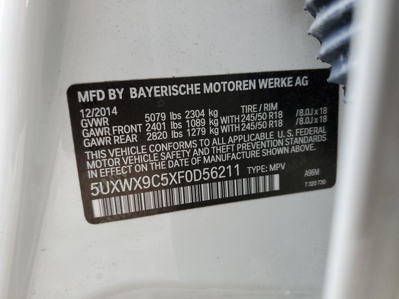 2015 BMW X3 VIN 5UXWX9C5XF0D56211 Copart auction photo, front end damage thumbnail 12