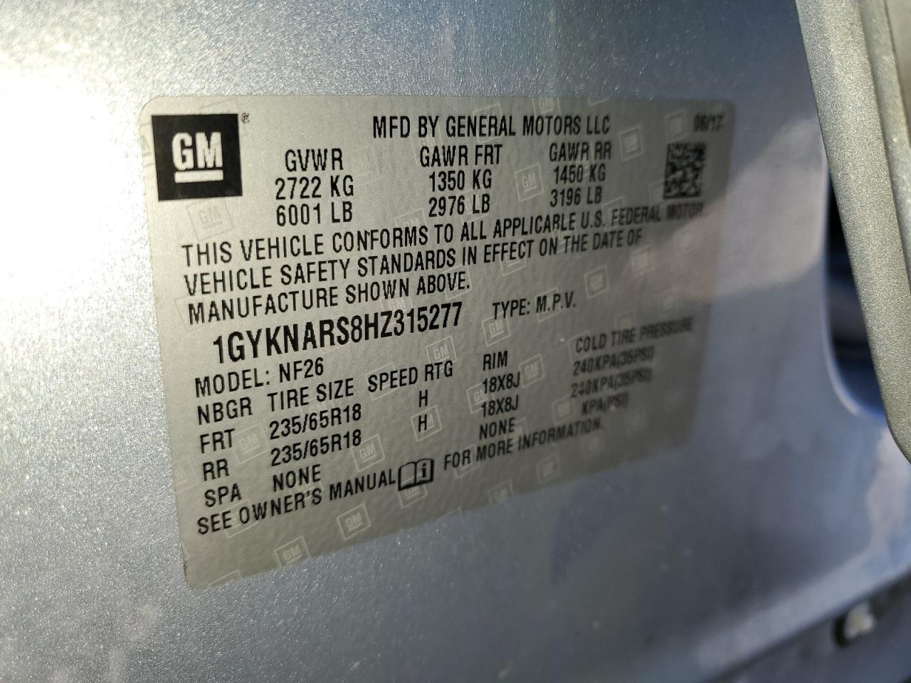 2017 Cadillac XT5 VIN 1GYKNARS8HZ315277 Copart auction photo, front end / side damage thumbnail 14