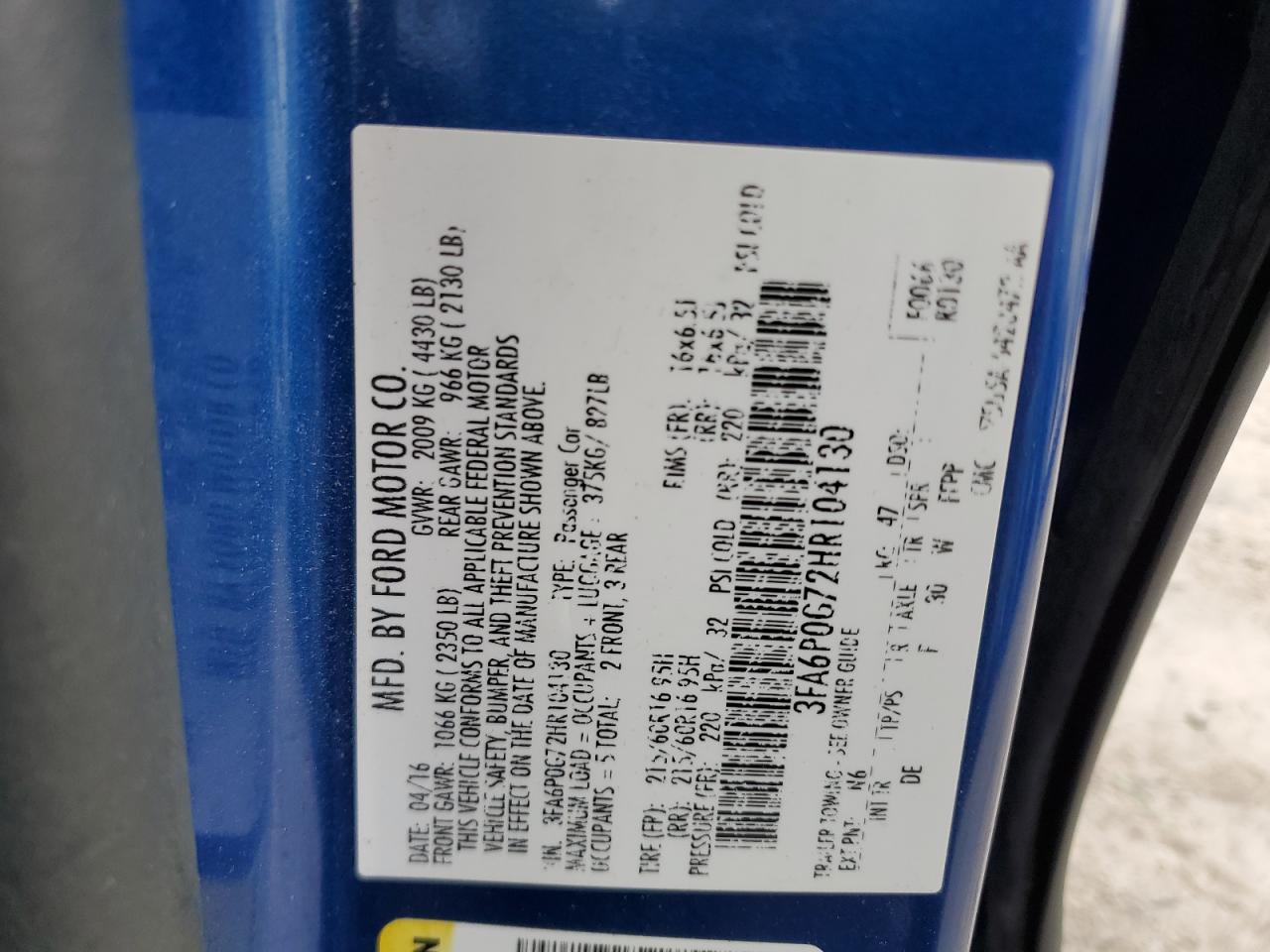 2017 Ford Fusion VIN 3FA6P0G72HR104130 Copart auction photo, front end / rear end damage thumbnail 13