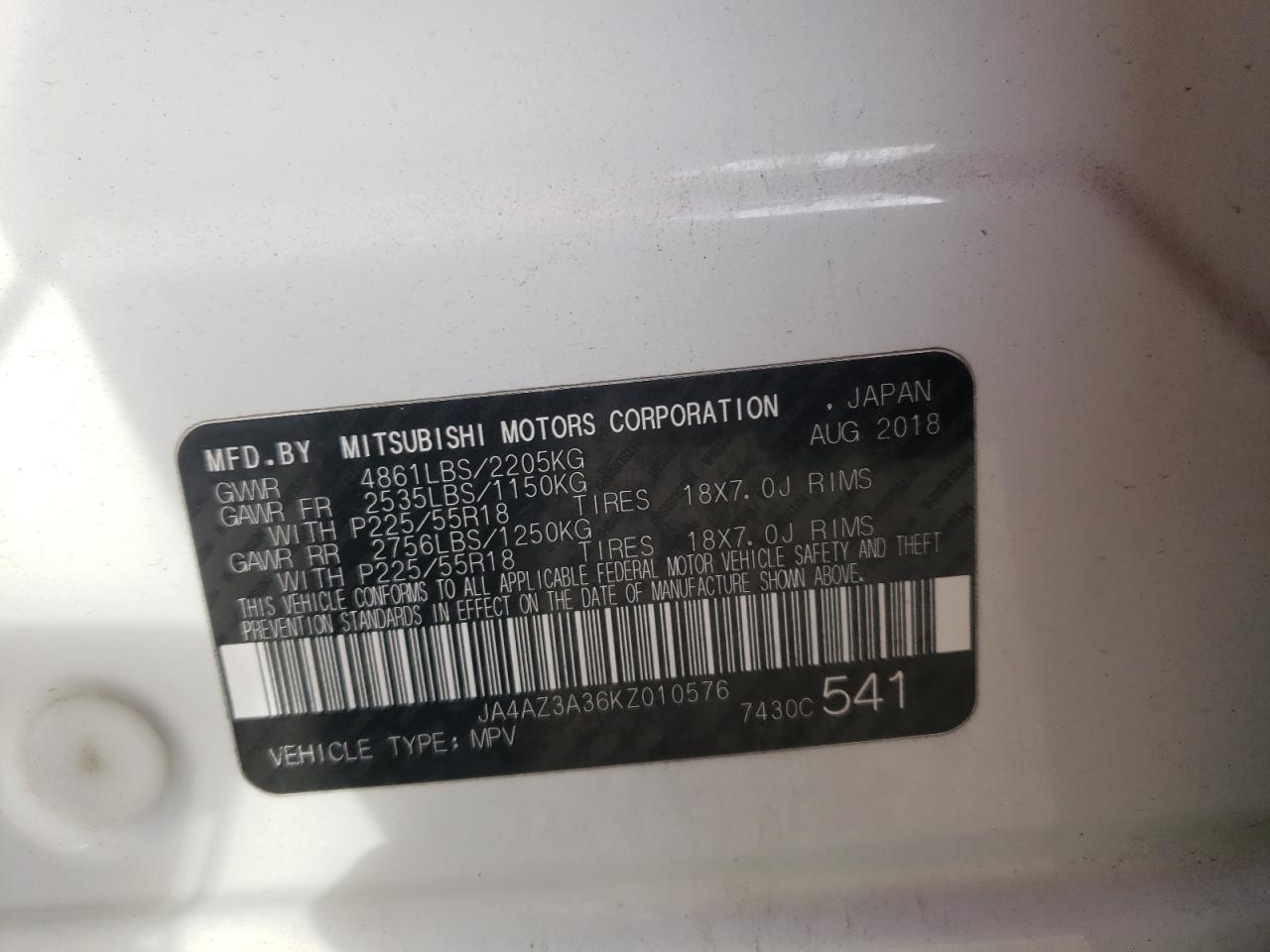 2019 Mitsubishi Outlander VIN JA4AZ3A36KZ010576 Copart auction photo, front end damage thumbnail 12