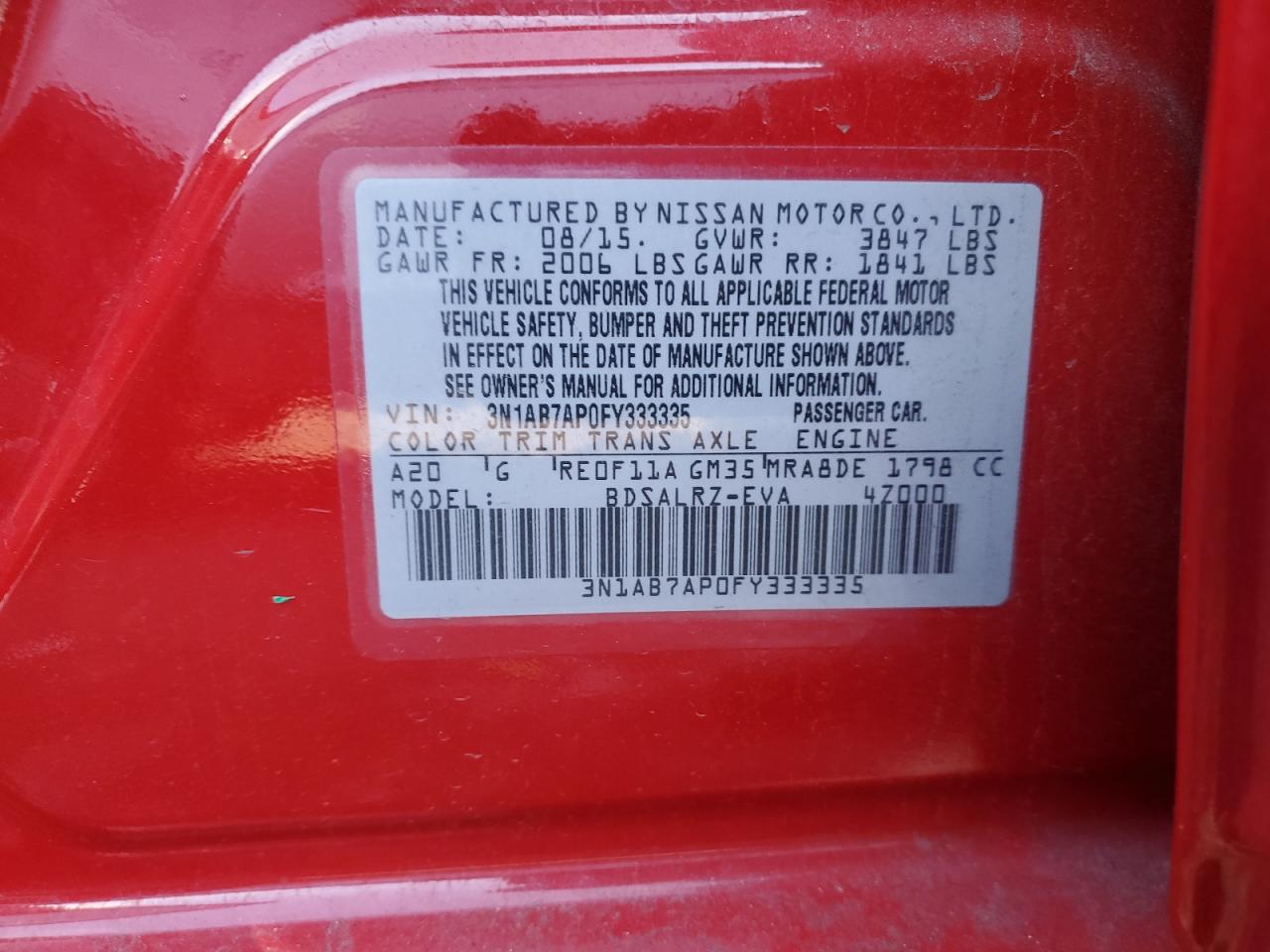 2015 Nissan Sentra VIN 3N1AB7AP0FY333335 Copart auction photo, all over damage thumbnail 13