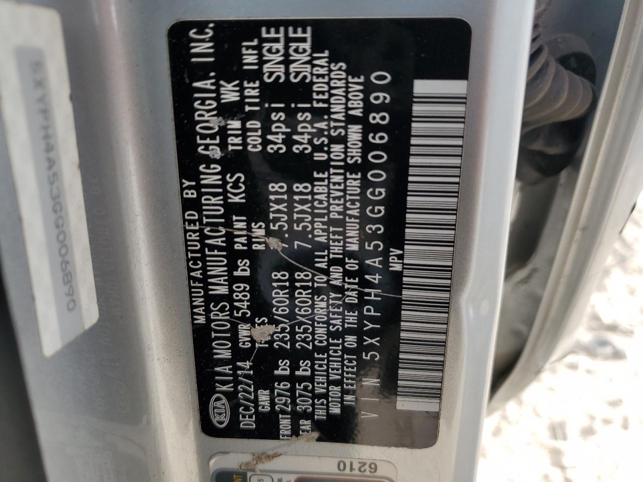 2016 KIA Sorento VIN 5XYPH4A53GG006890 Copart auction photo, all over / undercarriage damage thumbnail 15
