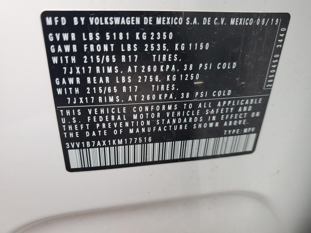2019 Volkswagen Tiguan VIN 3VV1B7AX1KM177516 Copart auction photo, front end / rear end damage thumbnail 12