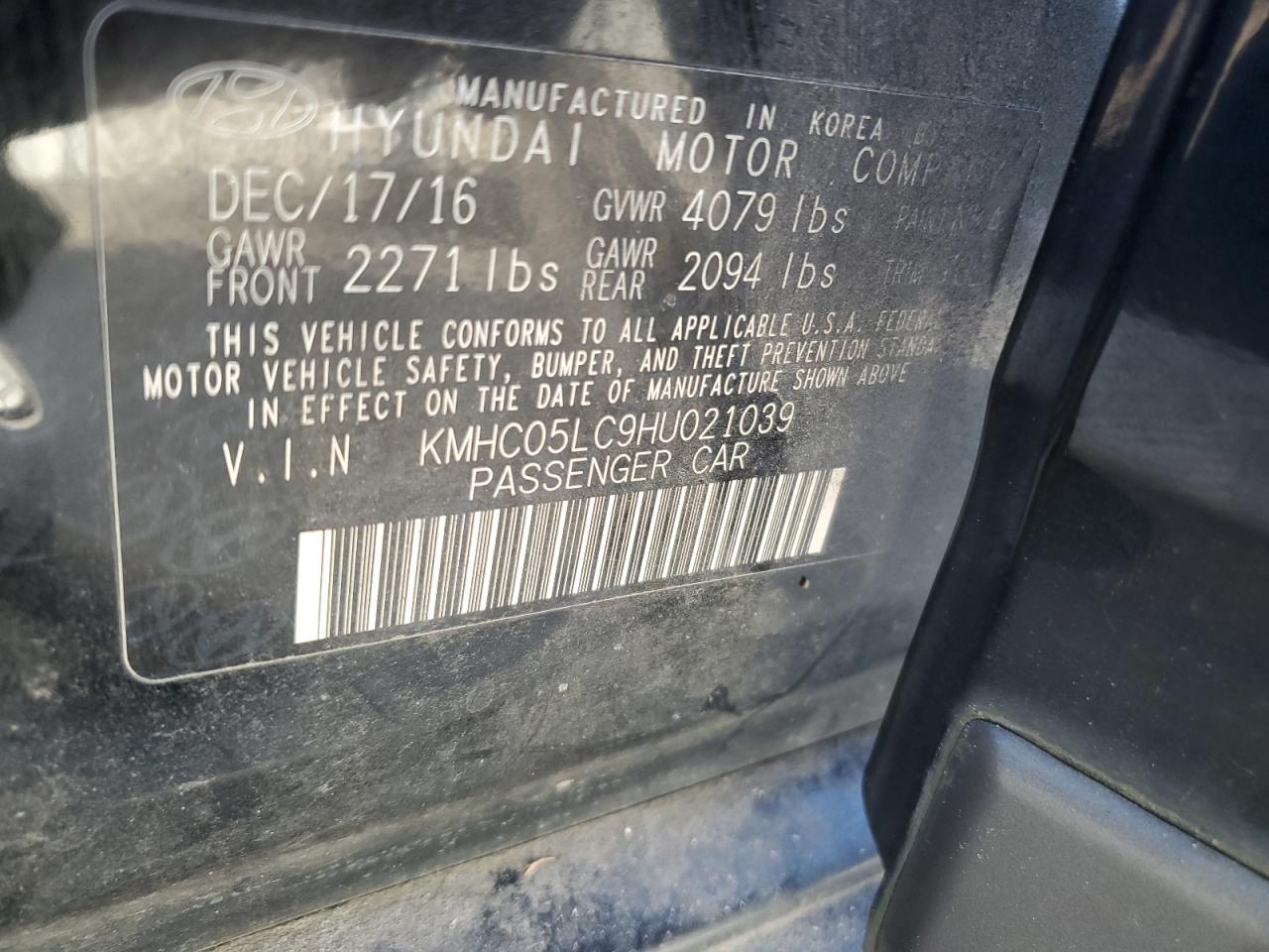 2017 Hyundai IONIQ VIN KMHC05LC9HU021039 Copart auction photo, water/flood damage thumbnail 13