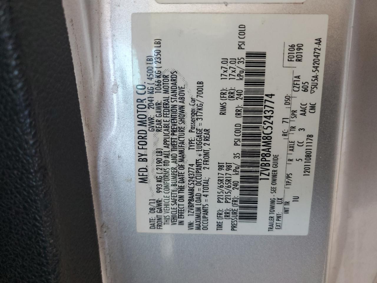 2012 Ford Mustang VIN 1ZVBP8AM8C5243774 Copart auction photo, front end damage thumbnail 12