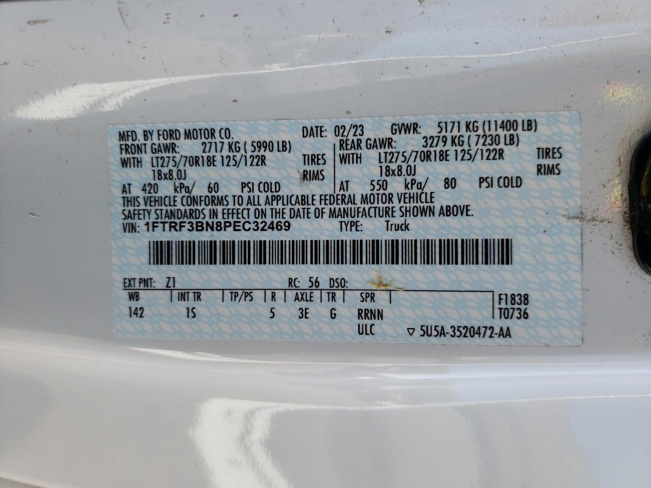 2023 Ford F350 VIN 1FTRF3BN8PEC32469 Copart auction photo, front end / side damage thumbnail 12