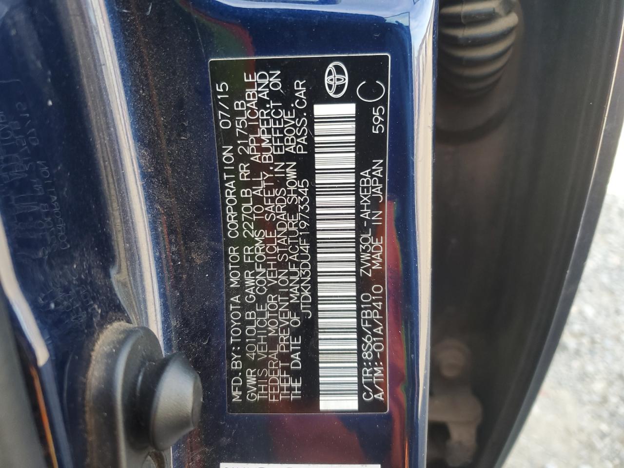 2015 Toyota Prius VIN JTDKN3DU4F1973345 Copart auction photo, front end damage thumbnail 14