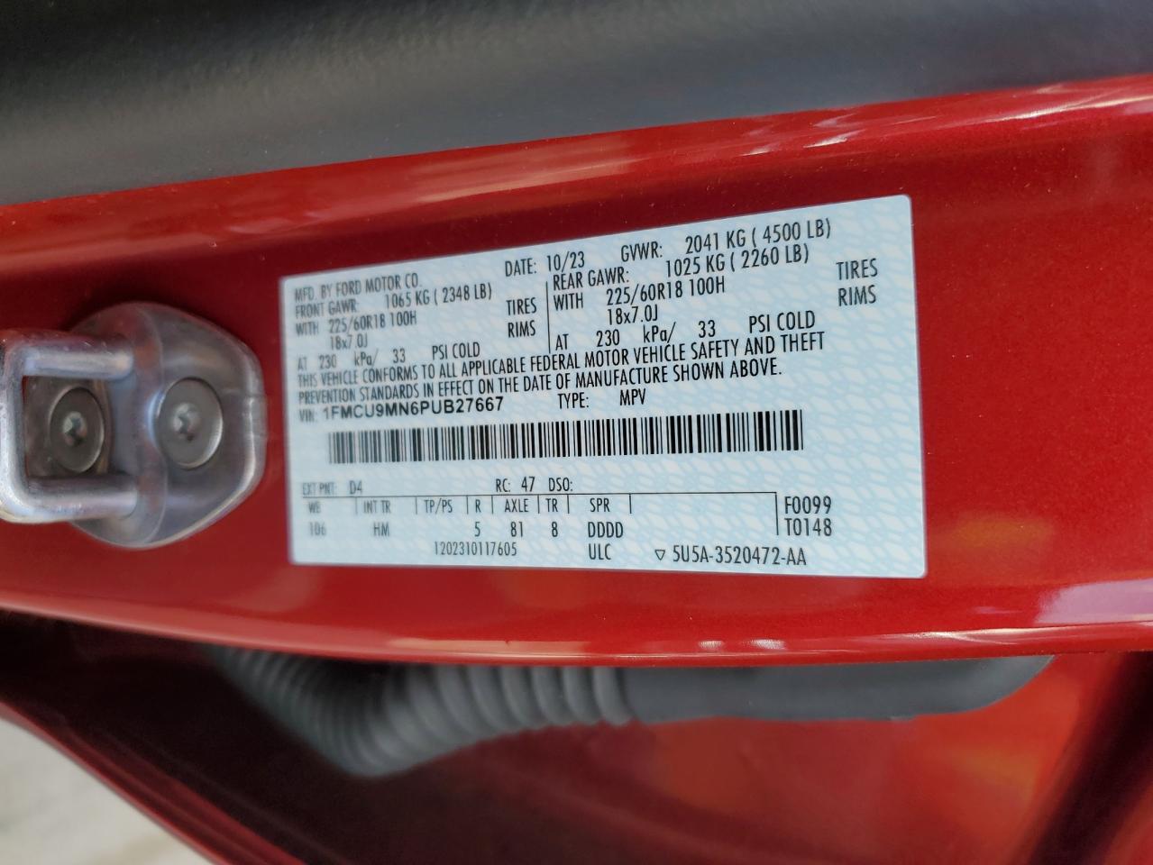 2023 Ford Escape VIN 1FMCU9MN6PUB27667 Copart auction photo, front end damage thumbnail 14